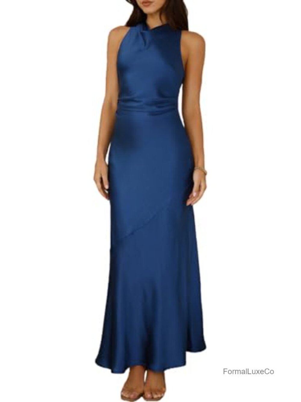 Satin High Neck Backless Maxi Dress Formal Wedding Guest Bridesmaid